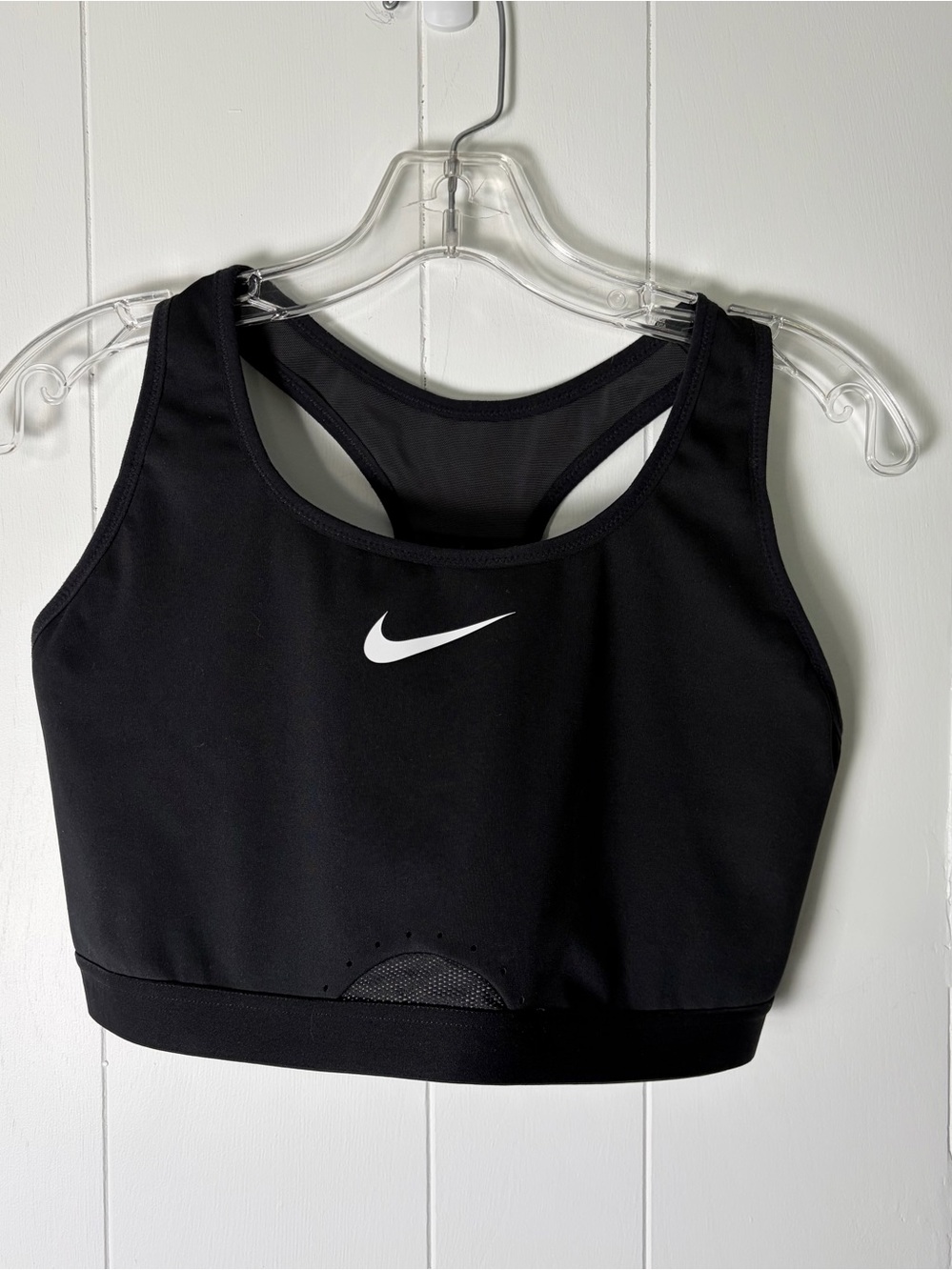 Nike Dri Fit Black Racerback Sports Bra with White Swoosh Size L